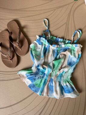 Watercolor Print Smocked Waist Tank Top - Blue Green White